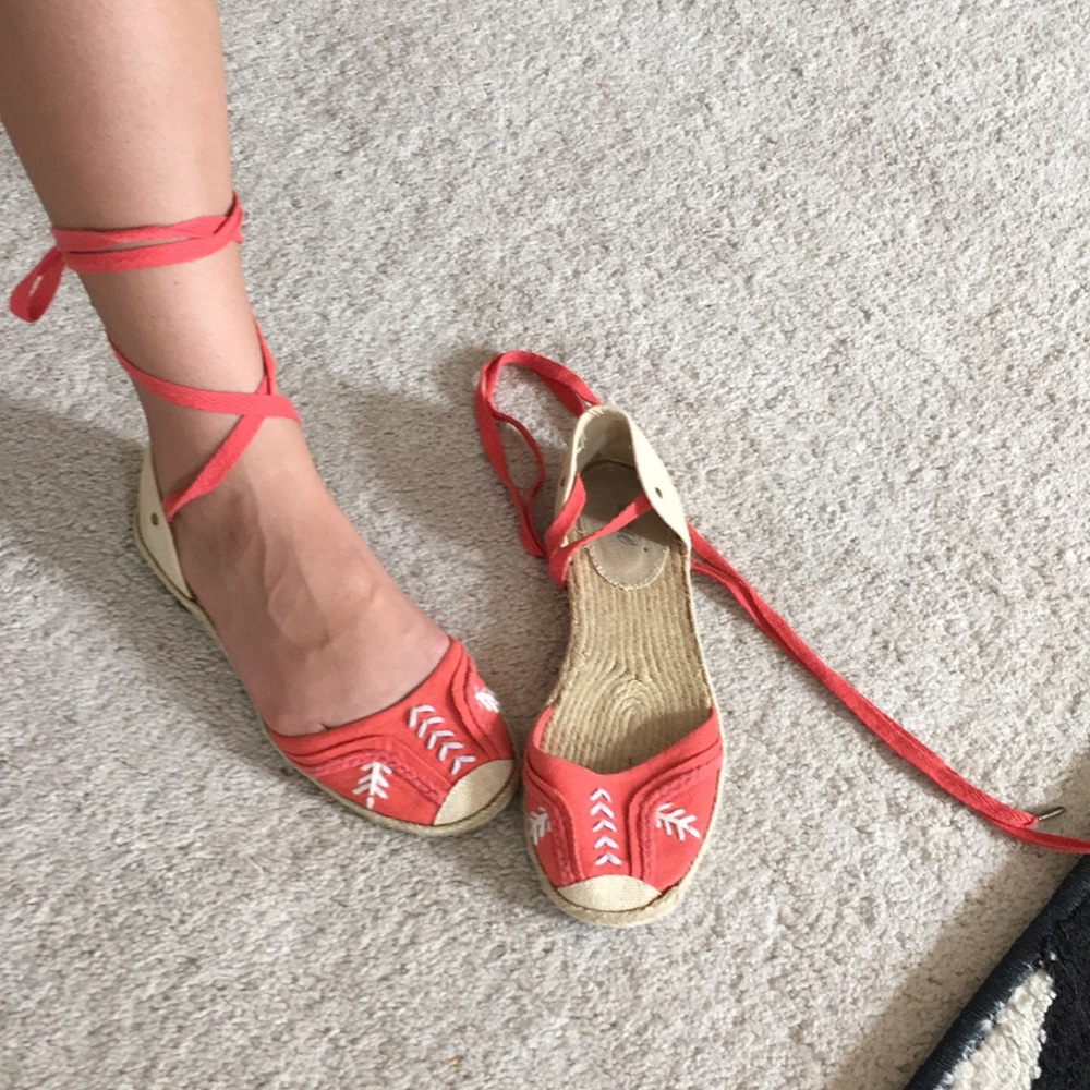 Arie espadrilles in coral and cream—gentle worn